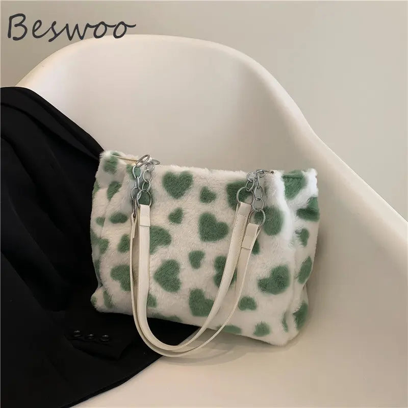 Fluffy Tote Bag Heart Prints Soft Bags Casual Women's Bag
