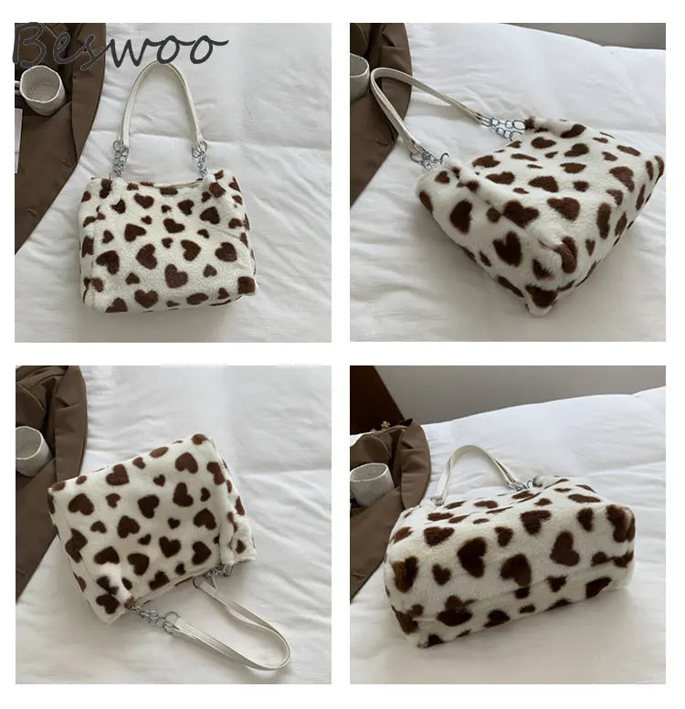 Fluffy Tote Bag Heart Prints Soft Bags Casual Women's Bag