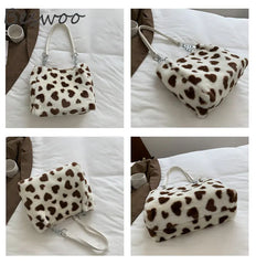 Fluffy Tote Bag Heart Prints Soft Bags Casual Women's Bag