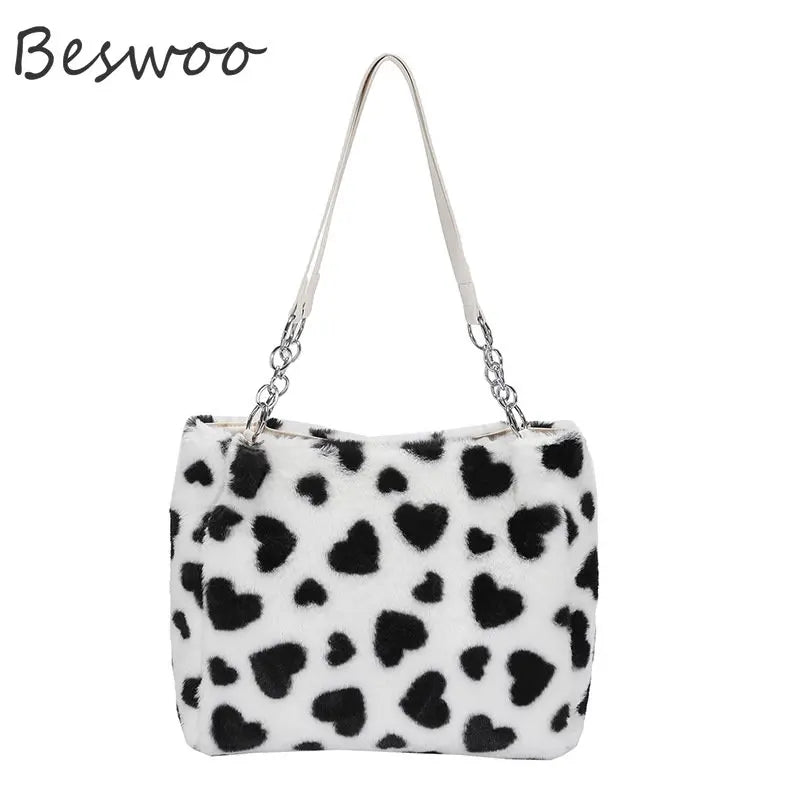Fluffy Tote Bag Heart Prints Soft Bags Casual Women's Bag