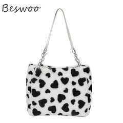 Fluffy Tote Bag Heart Prints Soft Bags Casual Women's Bag