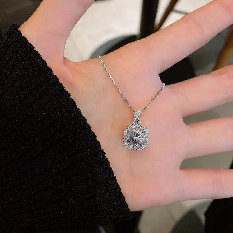 925 Silver Square Diamond Necklace Moissanite Pendant Wedding