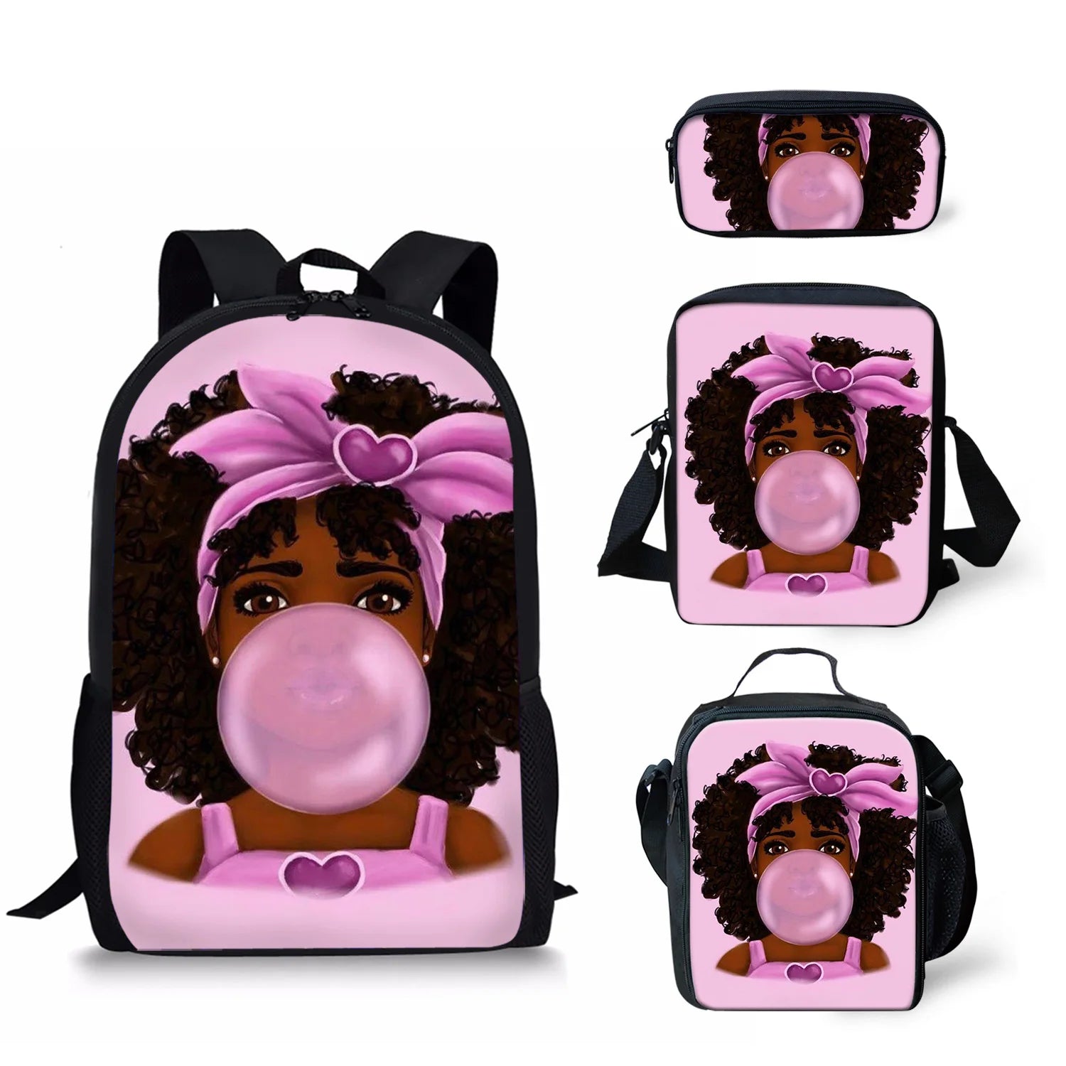 African American Girls Pattern 3pcs/Set Student Schoolbag Women Backpack