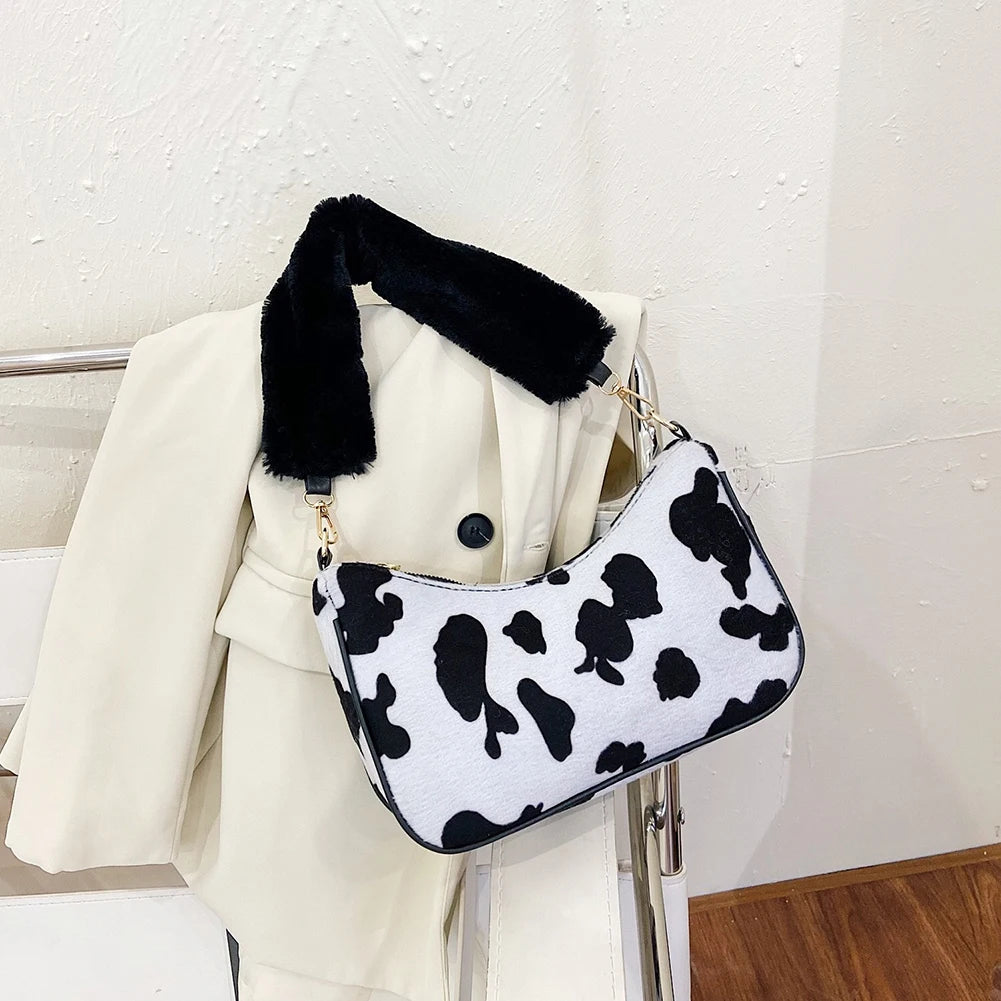 Animal Pattern Handbag Women Shoulder Top-handle Bag Plush Handle Underarm Purse