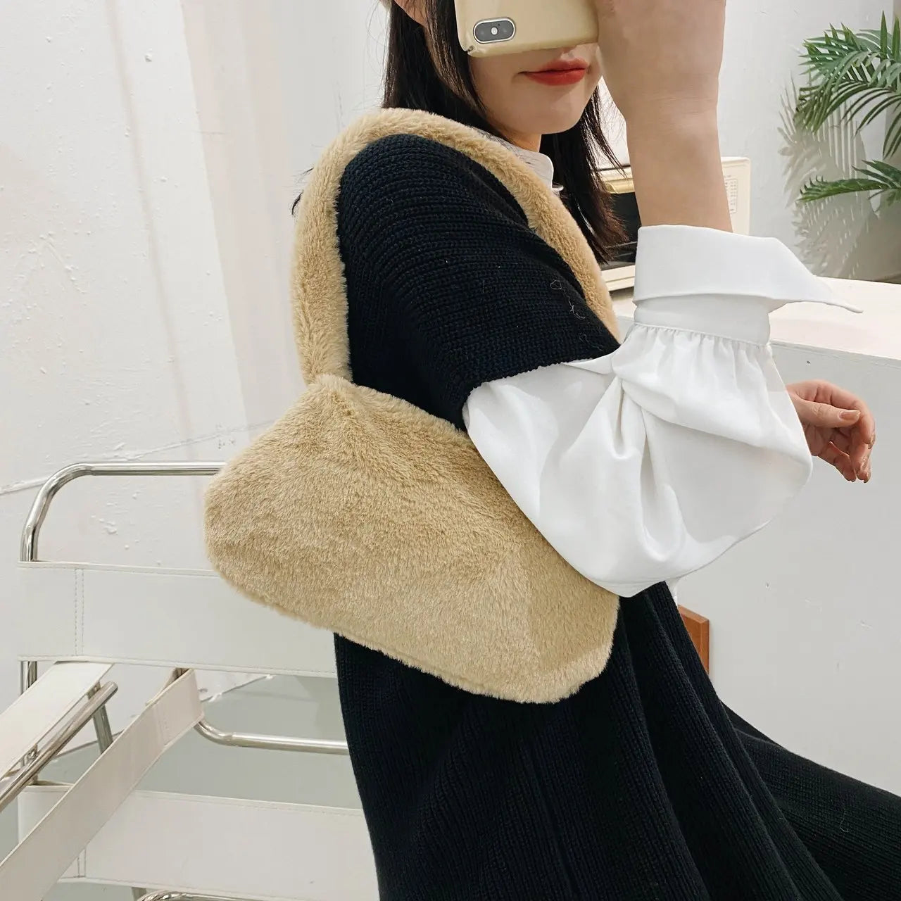 Animal Print Plush Shoulder Bags for Women Winter Furry Ladies Clutch Purse Hand