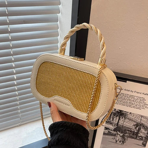 Straw Box Bag Short Handle Women Summer with PU Leather Handbag Shoulder
