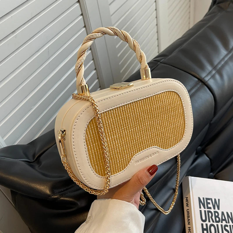 Straw Box Bag Short Handle Women Summer with PU Leather Handbag Shoulder