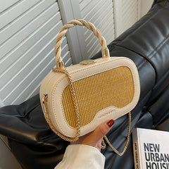 Straw Box Bag Short Handle Women Summer with PU Leather Handbag Shoulder