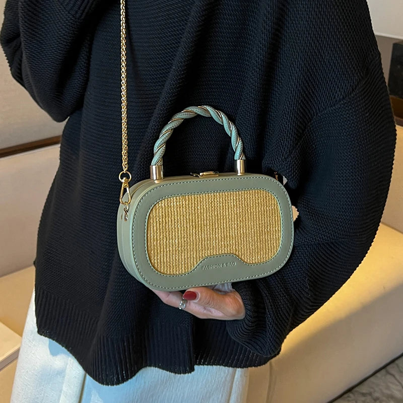 Straw Box Bag Short Handle Women Summer with PU Leather Handbag Shoulder