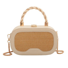 Straw Box Bag Short Handle Women Summer with PU Leather Handbag Shoulder