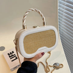 Straw Box Bag Short Handle Women Summer with PU Leather Handbag Shoulder