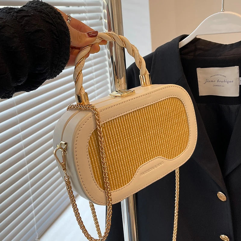 Straw Box Bag Short Handle Women Summer with PU Leather Handbag Shoulder