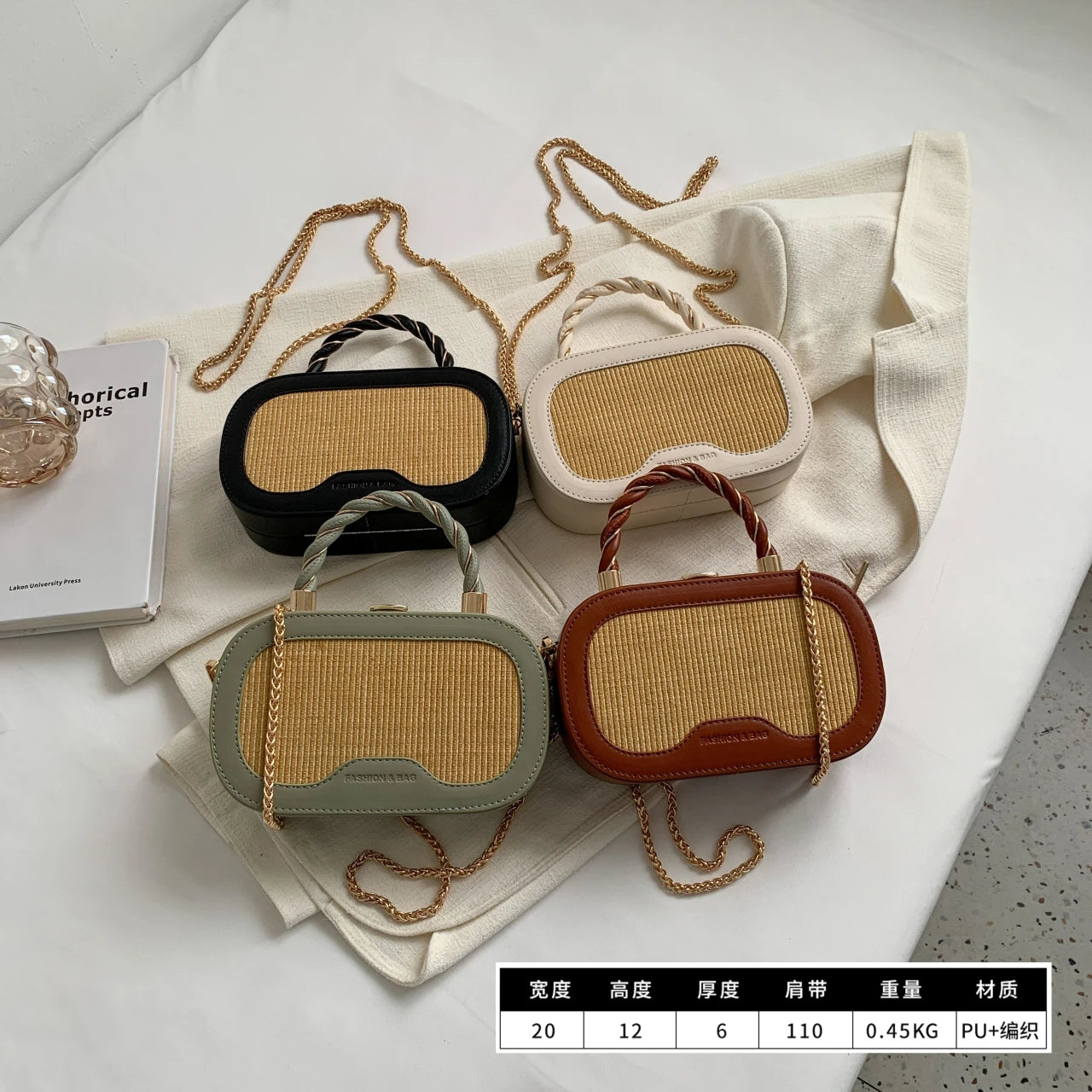 Straw Box Bag Short Handle Women Summer with PU Leather Handbag Shoulder