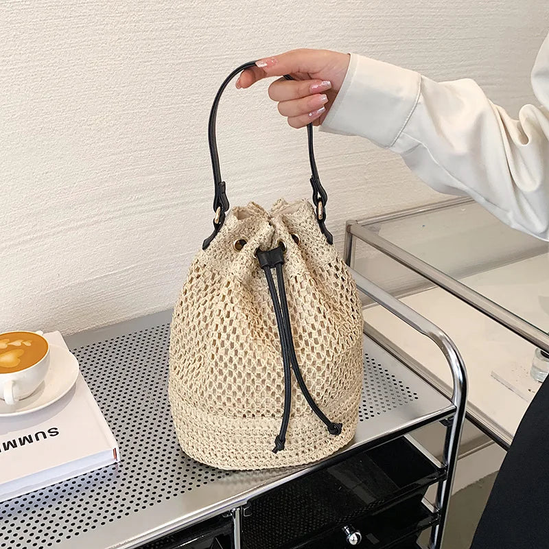 Straw Bucket Shoulder Bag Drawstring Crossbody Bag