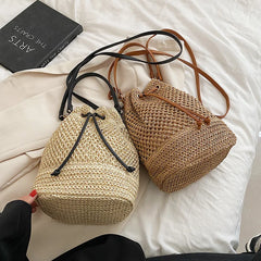 Straw Bucket Shoulder Bag Drawstring Crossbody Bag