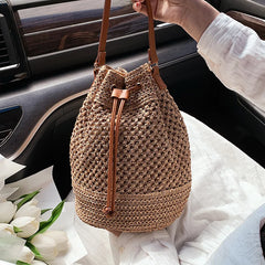 Straw Bucket Shoulder Bag Drawstring Crossbody Bag