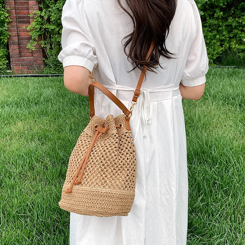Straw Bucket Shoulder Bag Drawstring Crossbody Bag