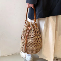 Straw Bucket Shoulder Bag Drawstring Crossbody Bag