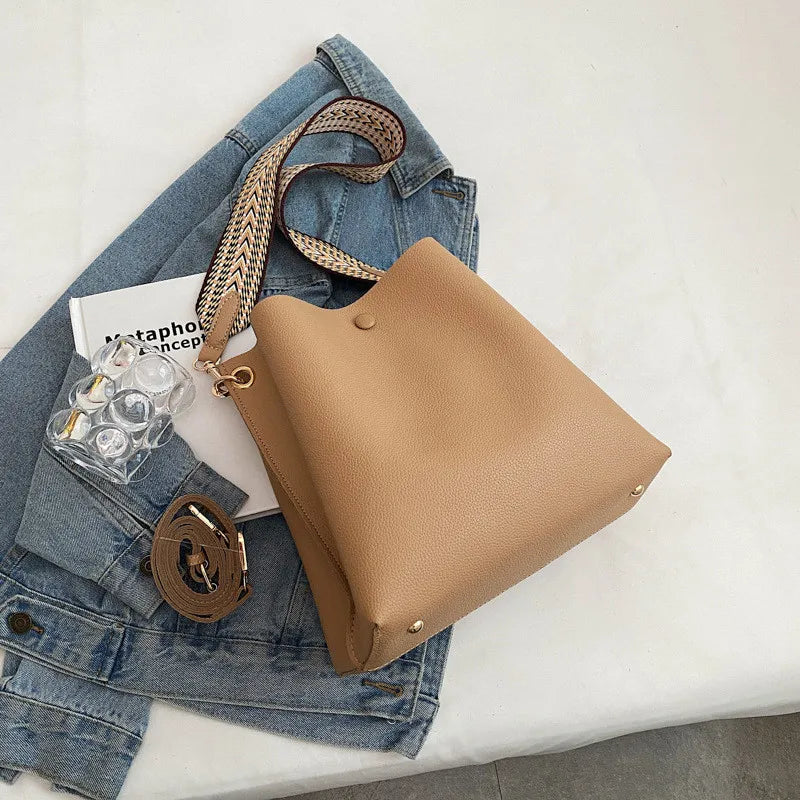 Women's Bucket Bag PU Leather Shoulder Tote Crossbody Wide Strap Handbag