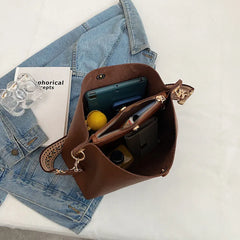 Women's Bucket Bag PU Leather Shoulder Tote Crossbody Wide Strap Handbag