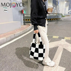 Checkered Printing Shoulder Underarm Bag Soft Plush Handbags