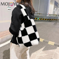 Checkered Printing Shoulder Underarm Bag Soft Plush Handbags