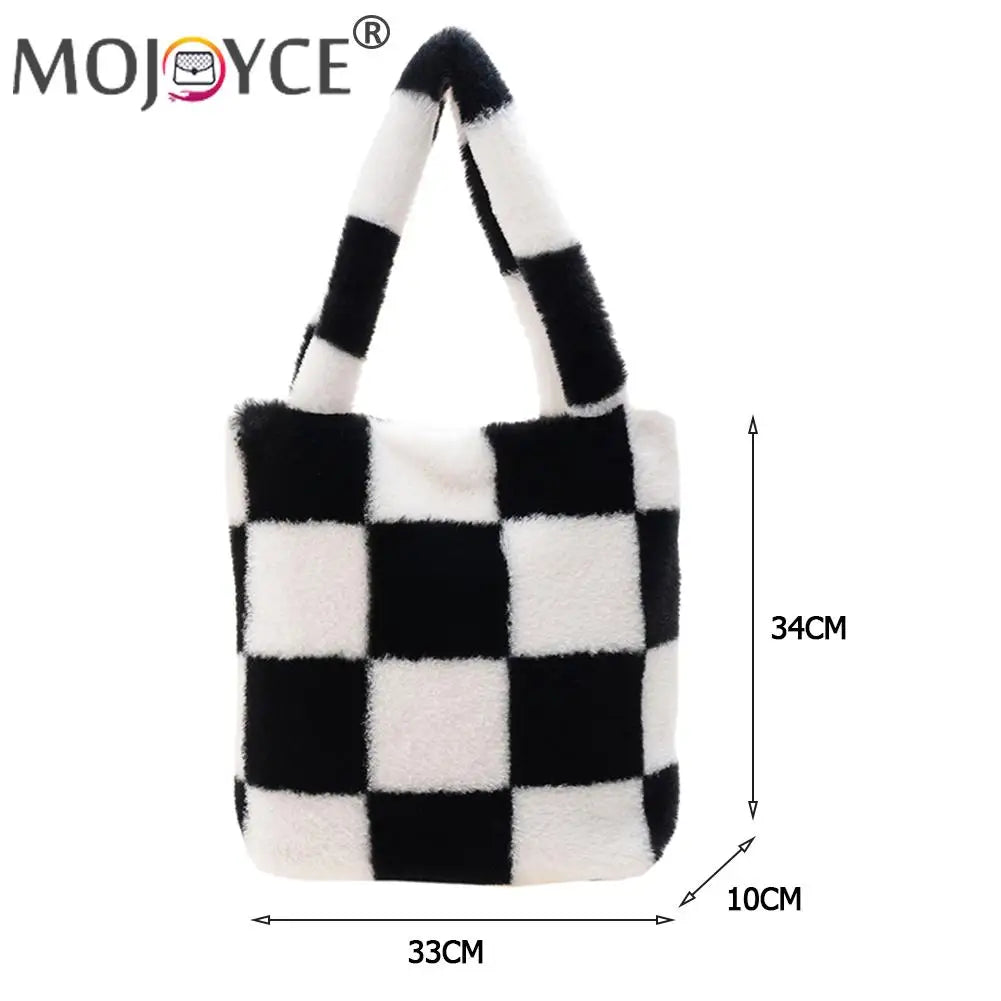 Checkered Printing Shoulder Underarm Bag Soft Plush Handbags