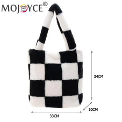 Checkered Printing Shoulder Underarm Bag Soft Plush Handbags