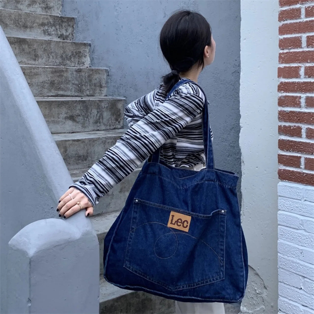 Large Denim Women's Shoulder Bag Soft College Student Book Bag
