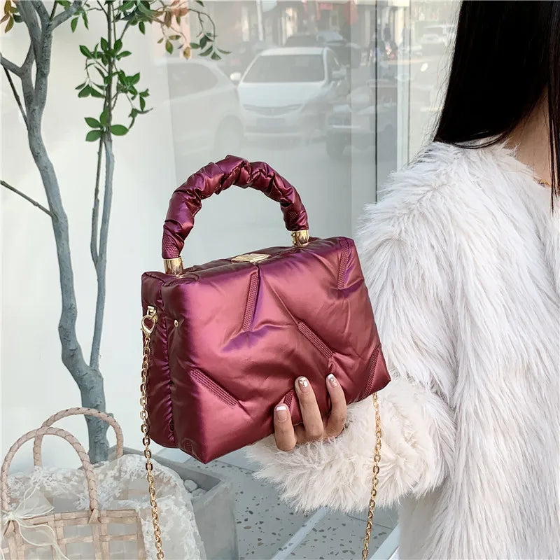 Quilted Nylon Shoulder Bag Chains Crossbody Tote