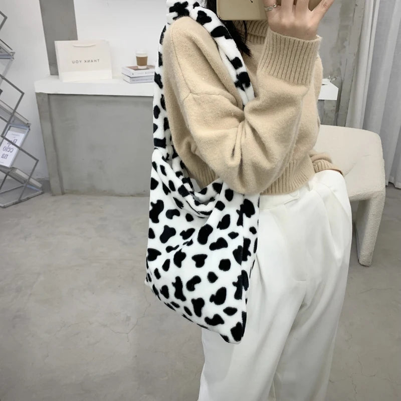Cow Pattern Shoulder Bag Plush Soft Totes Handbag Lady Travel Purse