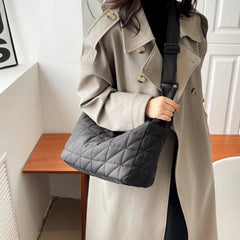 Cotton Padded Crossbody Bag Quilted Rhombus Wide Belt for Autumn & Winter