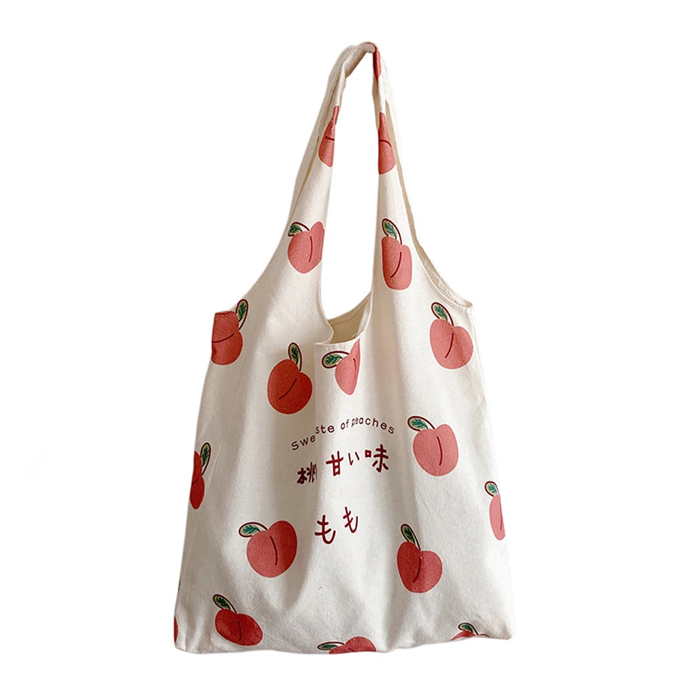 Peach Print Canvas Tote Shopping Bag Large Capacity Handbag