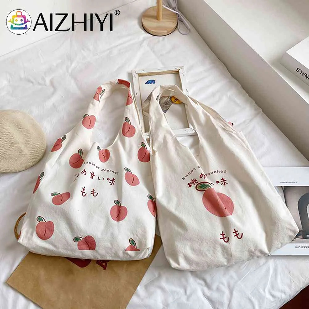 Peach Print Canvas Tote Shopping Bag Large Capacity Handbag
