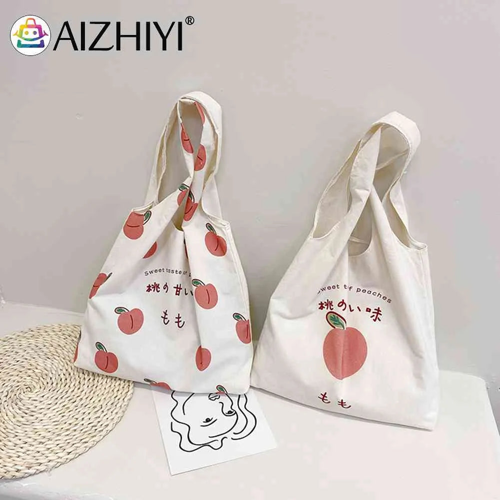 Peach Print Canvas Tote Shopping Bag Large Capacity Handbag