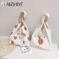 Peach Print Canvas Tote Shopping Bag Large Capacity Handbag