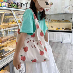 Peach Print Canvas Tote Shopping Bag Large Capacity Handbag
