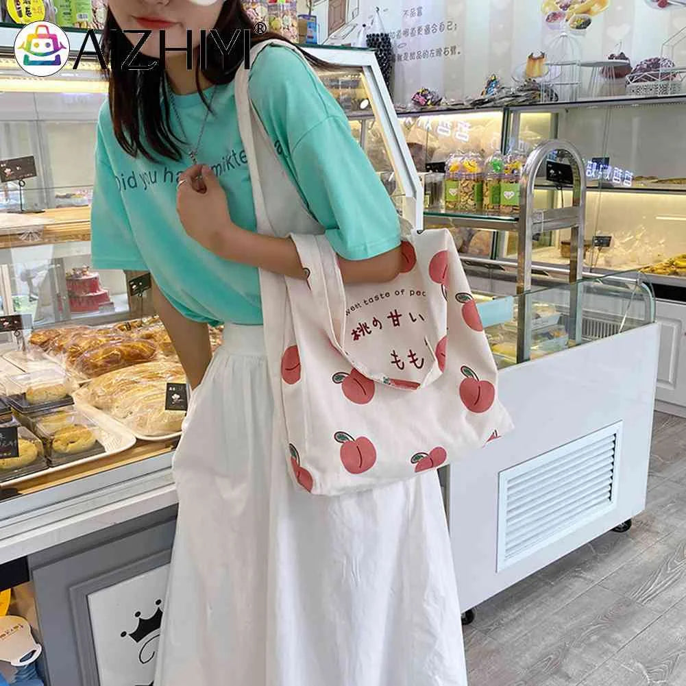 Peach Print Canvas Tote Shopping Bag Large Capacity Handbag