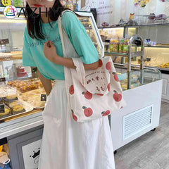 Peach Print Canvas Tote Shopping Bag Large Capacity Handbag