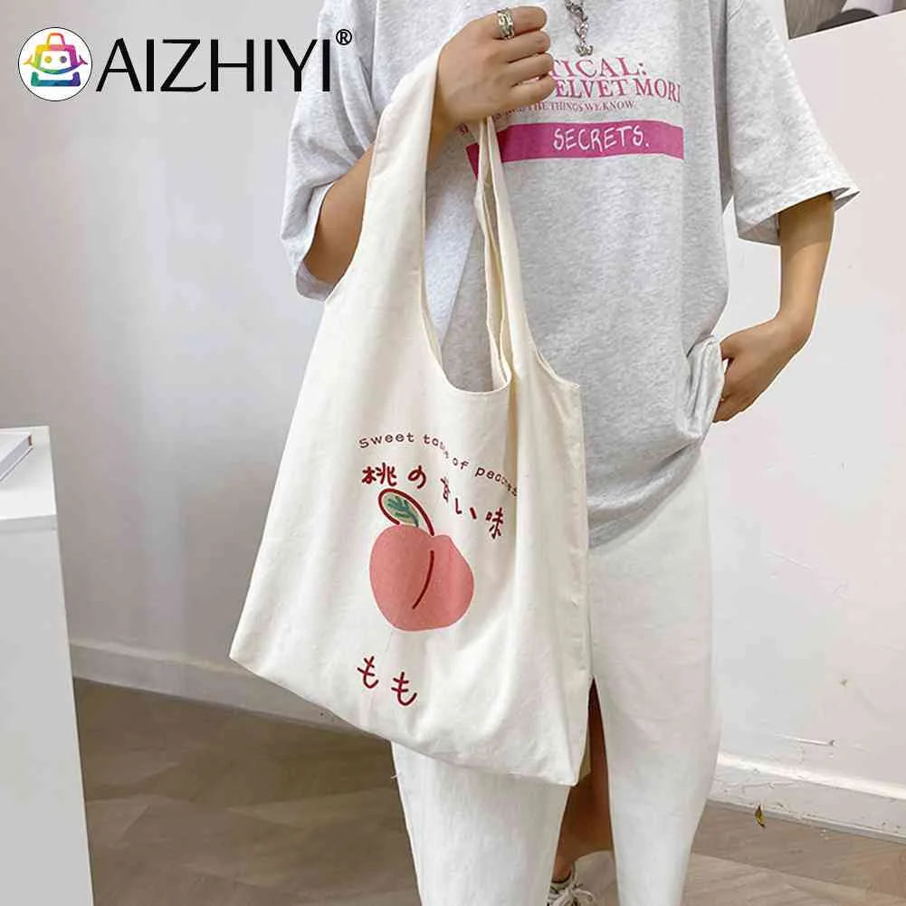 Peach Print Canvas Tote Shopping Bag Large Capacity Handbag