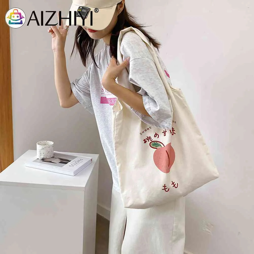 Peach Print Canvas Tote Shopping Bag Large Capacity Handbag