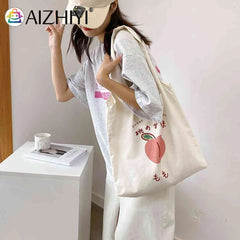 Peach Print Canvas Tote Shopping Bag Large Capacity Handbag