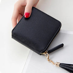 Short Square PU Leather Solid Women Wallet with Tassel Drop
