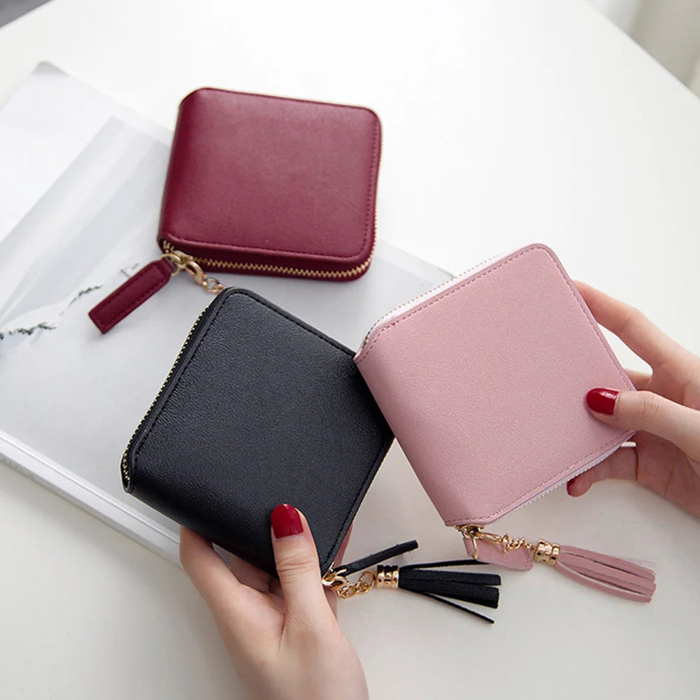 Short Square PU Leather Solid Women Wallet with Tassel Drop