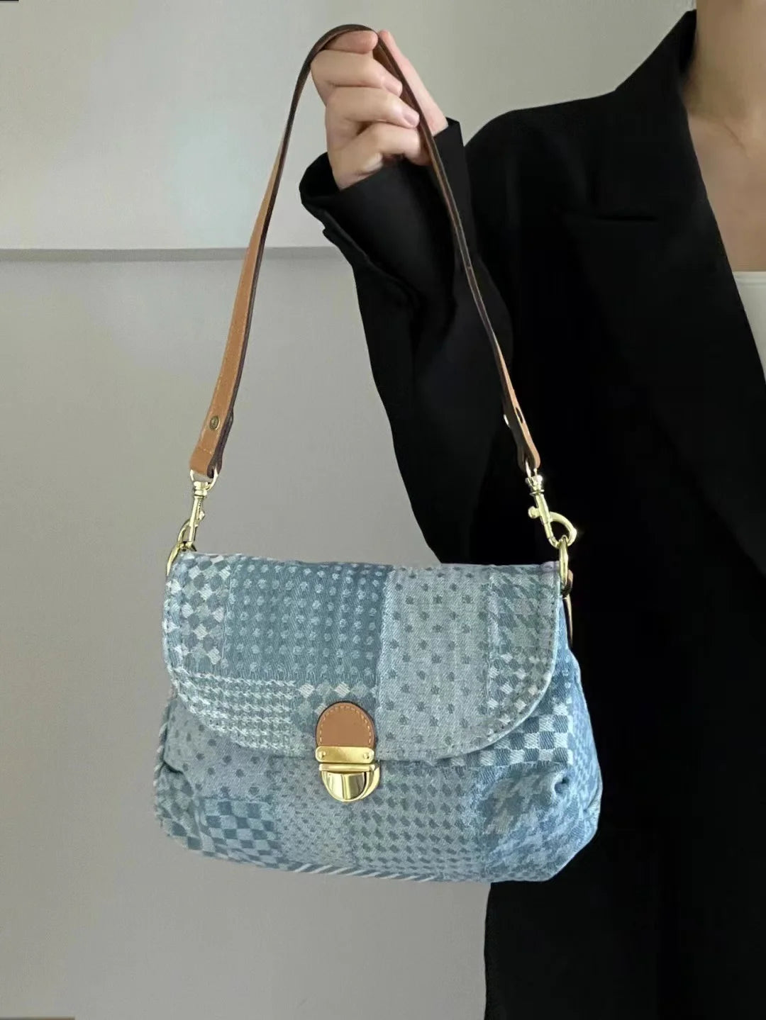 Vintage Plaid Hobos Shoulder Bag Women's Denim Underarm Tote Purse
