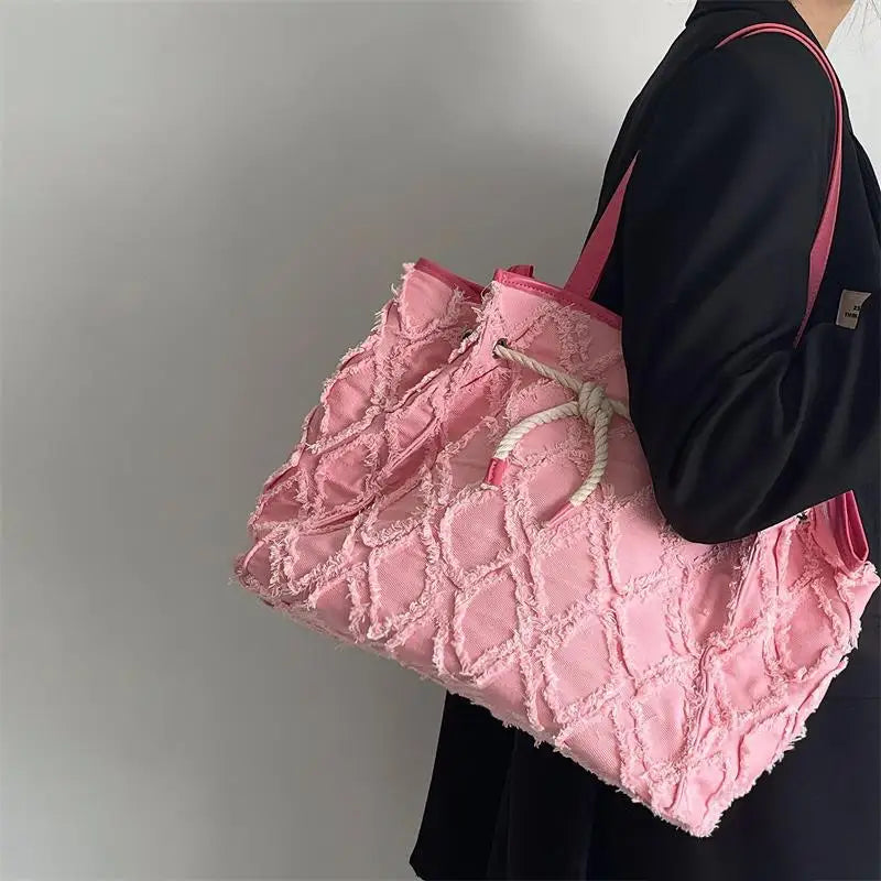 Diamond Tassel Handbag Women's Canvas Tote Bag Solid Shopping Shoulder Bag