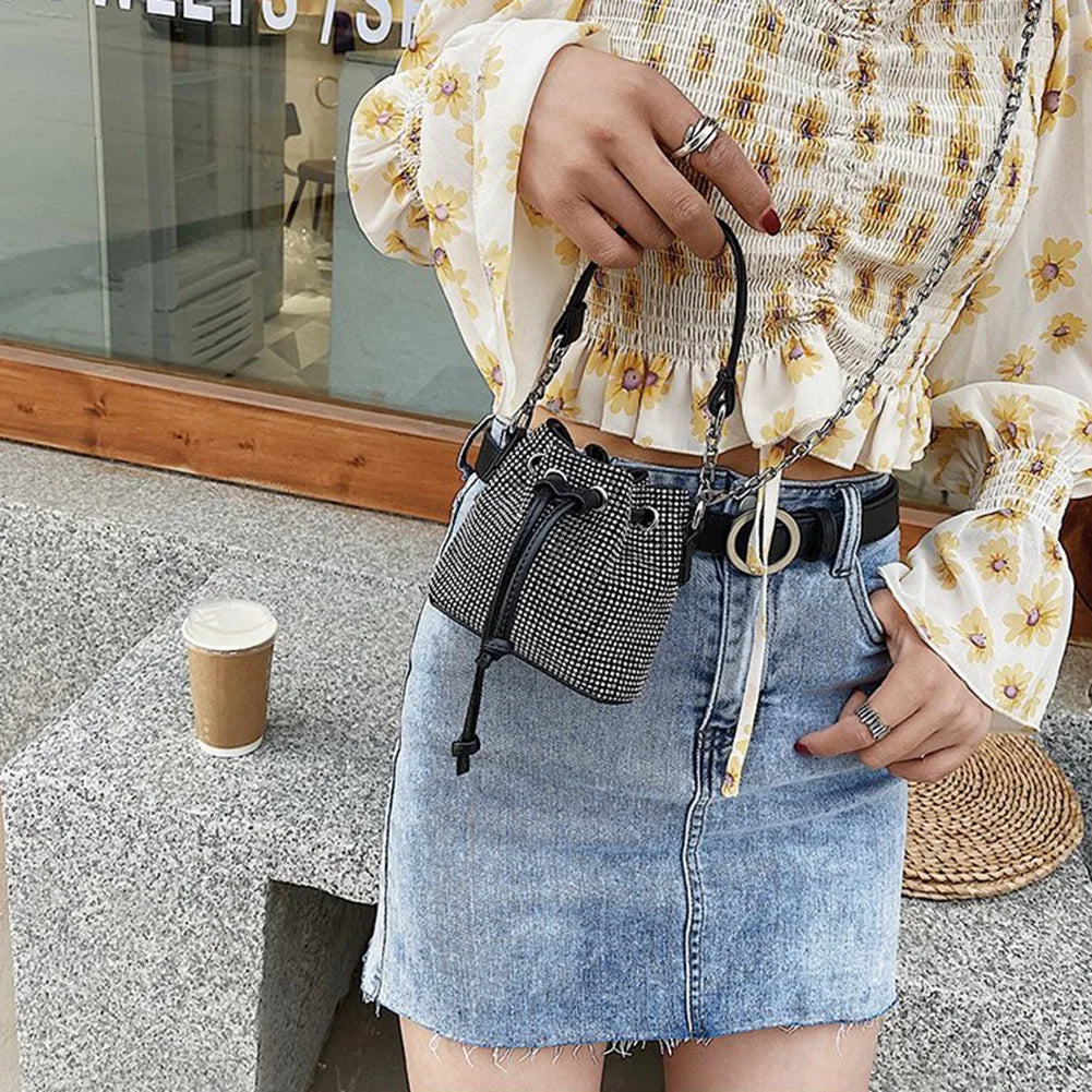 Diamonds Bucket Chain Shoulder Bags Women Rhinestones Drawstring Totes