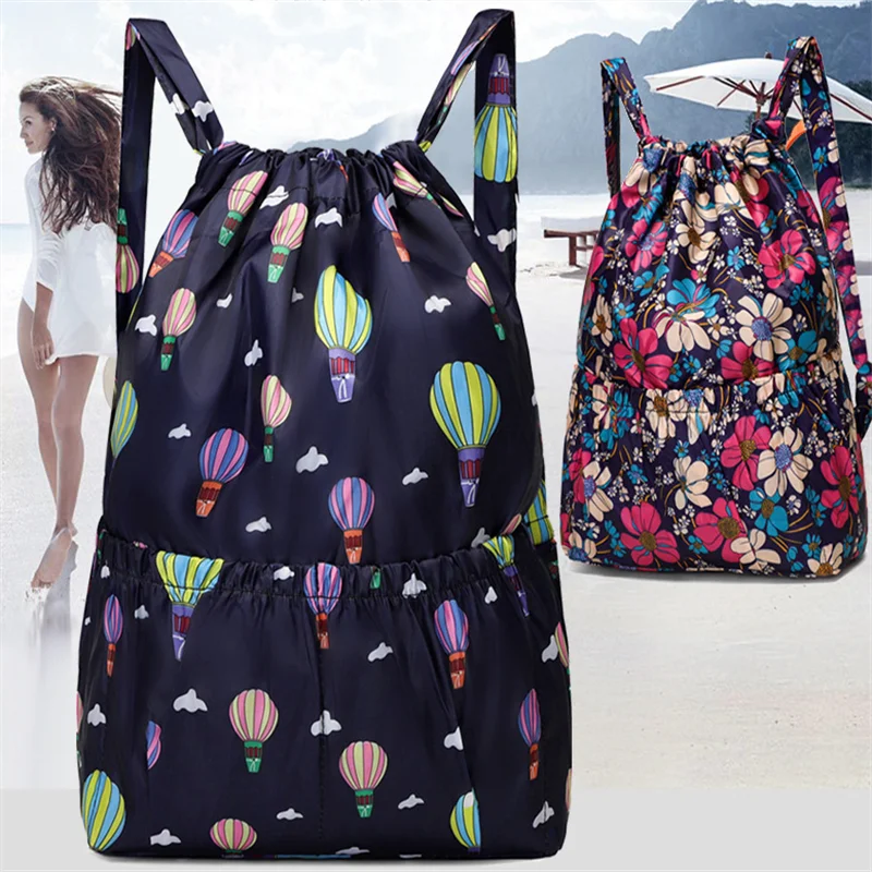 Flower Ethnic Style Drawstring Backpack Lightweight Waterproof Nylon Rucksack