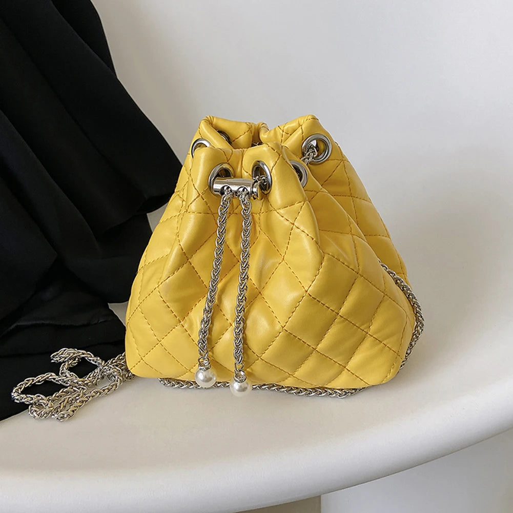 Embroidery Thread Shoulder Bag PU Leather Handbag Chain Bucket Clutch Purse