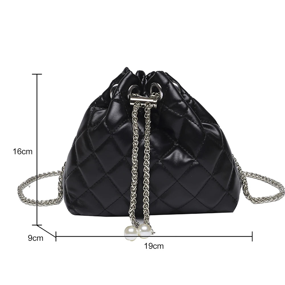 Embroidery Thread Shoulder Bag PU Leather Handbag Chain Bucket Clutch Purse
